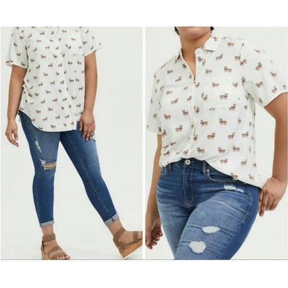 Torrid Challis White Stretch Button Up Corgi Dog Short Sleeve Shirt Blouse 3XL - Picture 1 of 8